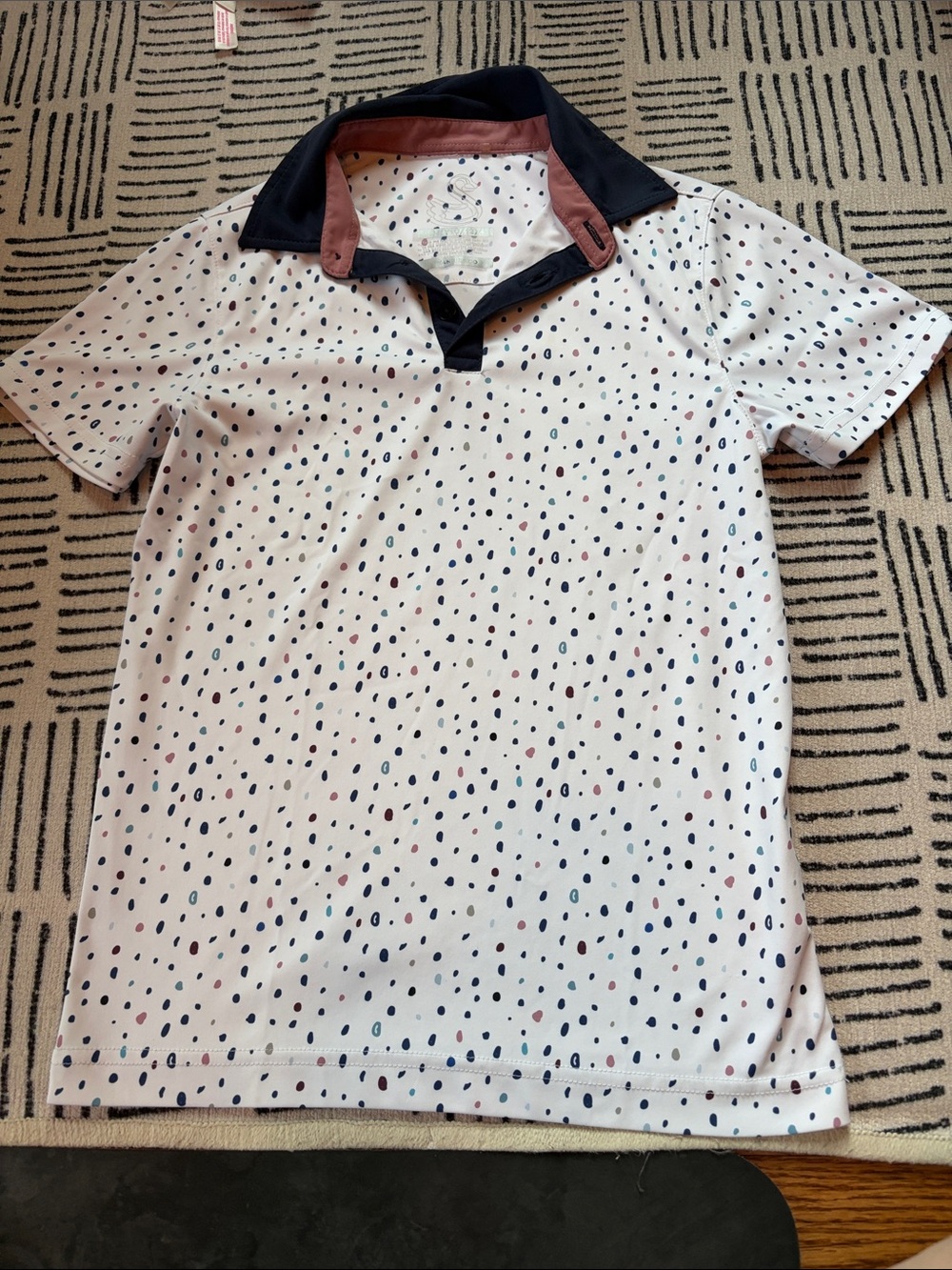 Kids White Polo with Navy Collar and Multi Dot Print